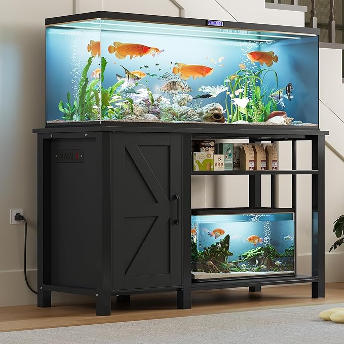 55-75 Gallon Fish Tank Stand with Power Outlet & Adjustable Shelf, Heavy Duty Aquarium Stand with Cabinet Storage for Fish Tank, Turtle Tank, Reptile Terrarium, 1000LBS Capacity, Black-PawvioPets
