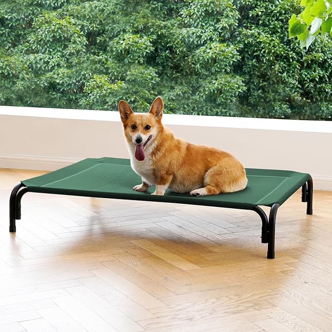 Elevated Dog Bed Raised Outdoor Dog Cot for Medium Dogs, Installation Requires No Tools, Frame with Washable Cooling Breathable Mesh Anti-Slip Feet, Indoor Pet Bed, Green, 35.4 Inches-PawvioPets