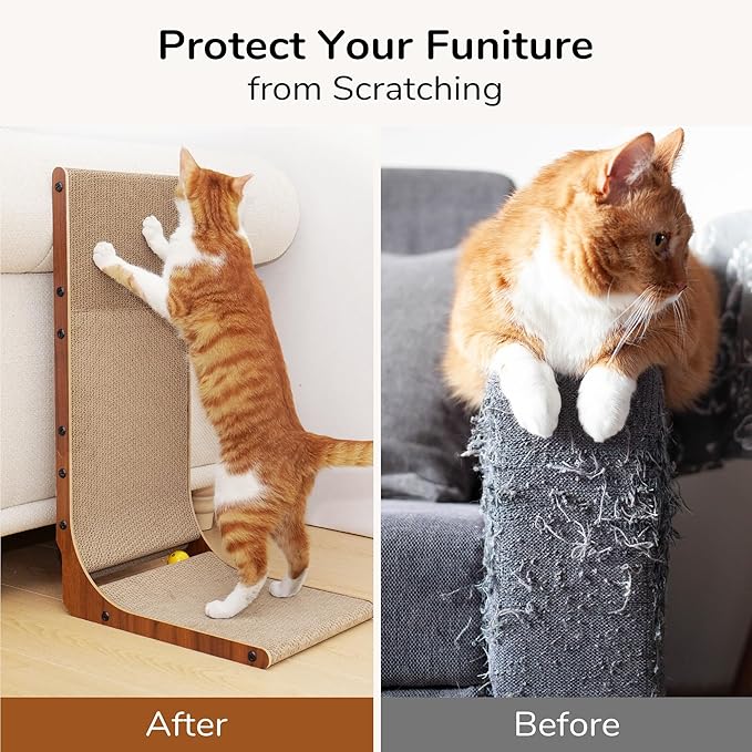 FUKUMARU Cat Scratcher, 26.8 Inch Cat Scratch Pad for Indoor Cats, L Shaped Cardboard Vertical Cats Scratching Board with Ball Toy, Walnut Color, 1 Pack-PawvioPets