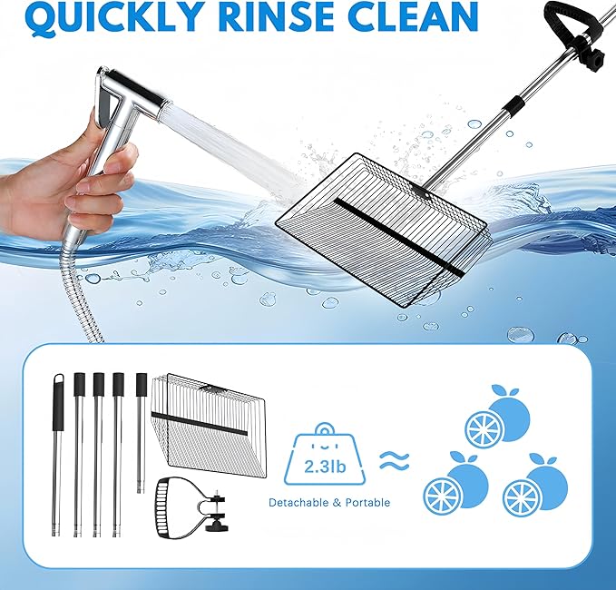 15inch Large Chicken Poop Scooper, 2 Slot Widths (0.16"&0.28"), 39" to 76" Adjustable Stainless Steel Handle, Sifting Litter Shovel for Chicken Coop/Stables/Farm Cleaning(with Effortless Grip)-PawvioPets