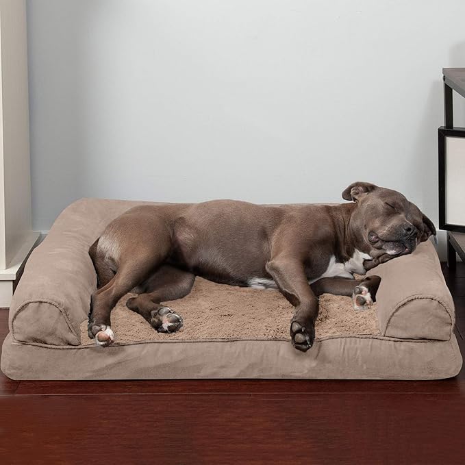 Furhaven Orthopedic Dog Bed for Large/Medium Dogs w/ Removable Bolsters & Washable Cover, For Dogs Up to 55 lbs - Plush & Suede Sofa - Almondine, Large-PawvioPets