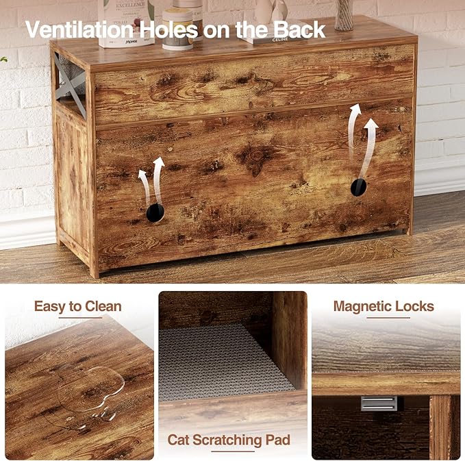 Cat Litter Box Enclosure for 2 Cats, 47" Double Hidden Litter Box Furniture with Scratch Pad, Farmhouse Indoor Litter Box Cabinet Cat Washroom, Rustic Brown-PawvioPets