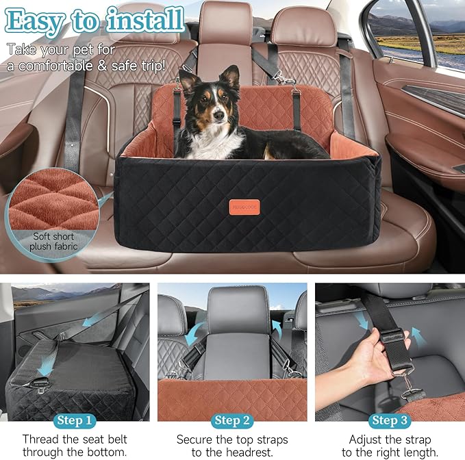Dog Car Seat for Medium/Large Dogs, Pet Booster Seat for Under 55 lbs or 2 Small Dogs, Detachable & Washable Dog Car Bed for Backseat with 2 Safety Leashes(Black/Brown)-PawvioPets