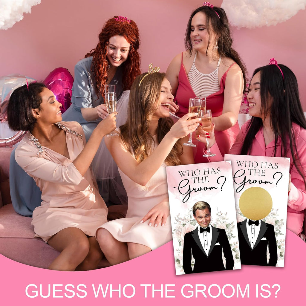 Who Has The Groom Bridal Shower Games, 41 PCcs Pink Floral Scratch Off Cards, 3.5"x 2.1" Funny Bachelorette Party Game Favor Decor, Engagement Party Ideas Activities-A02