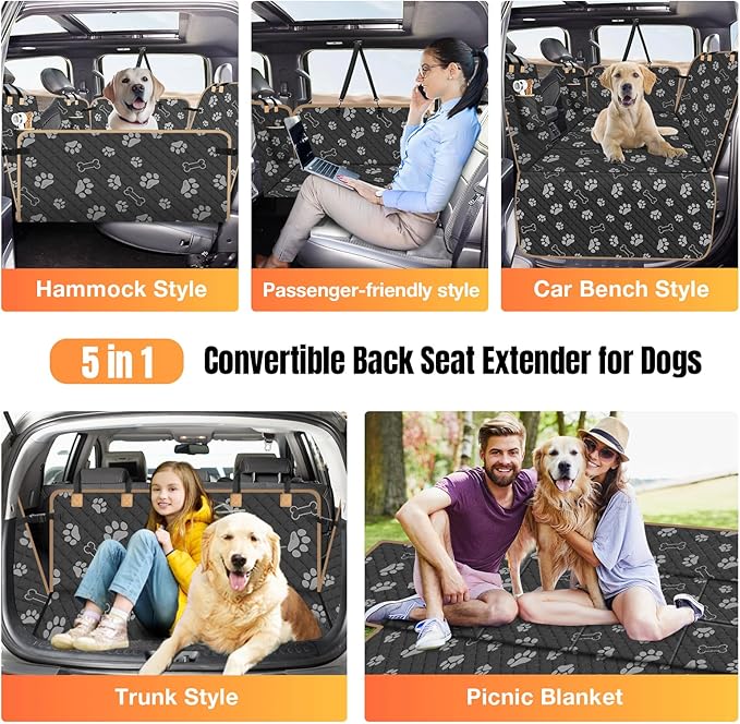 Dog Car Seat Cover for Back Seat, Larger Dog Car Bed Cover with Strong Bottom, Car Back Seat Extender Hammock for Full Size Truck/SUV Black 8 Panels Black Foot Print-PawvioPets