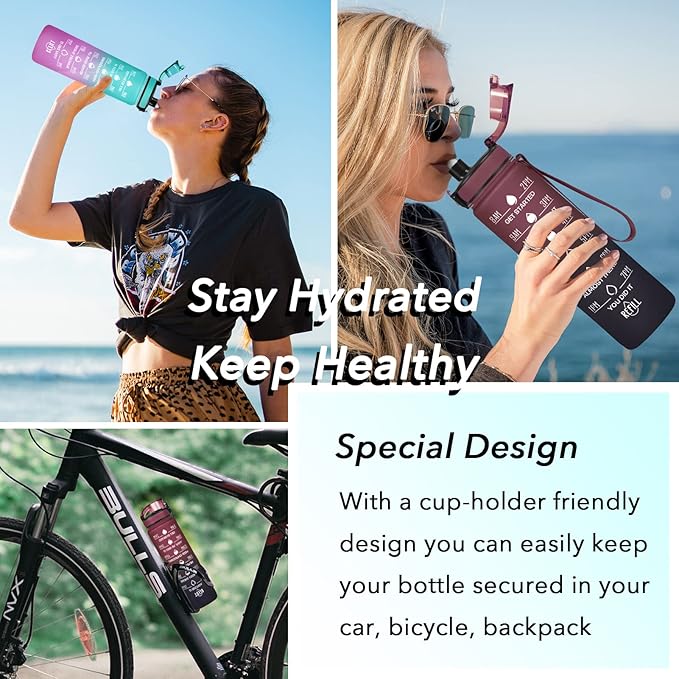 Enerbone Water Bottle, Leakproof BPA & Toxic Free, Motivational Water Bottle with Times to Drink and Straw, Fitness Sports Water Bottle with Strap for Office, Gym, Outdoor Sports-PawvioPets