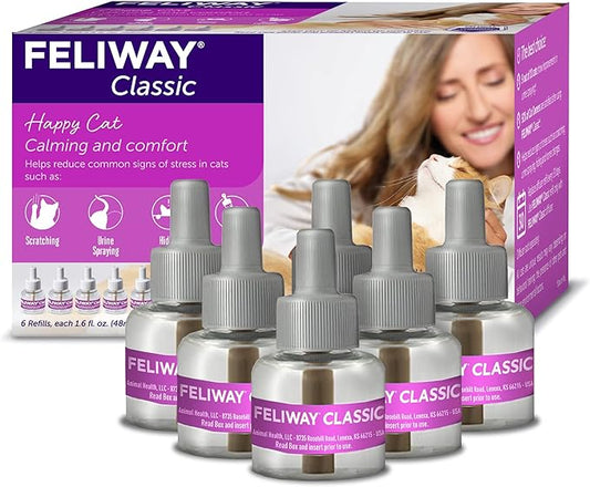 FELIWAY® Classic 6 x 30 Day Cat Calming Refills for Pheromone Diffuser, 6 x 48ml Value Pack - Helps Reduce Common Signs of Stress in Cats & Kittens, Enhanced Calming-PawvioPets