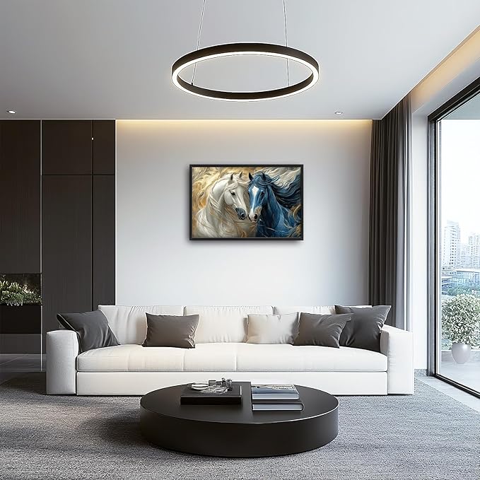 Framed Large Horse Wall Art for Living Room, Oversized Abstract Horses Wall Decor Blue and Golden Canvas Painting Animal Pictures Modern Artwork for Living Room Bedroom Office 36"x24"-PawvioPets