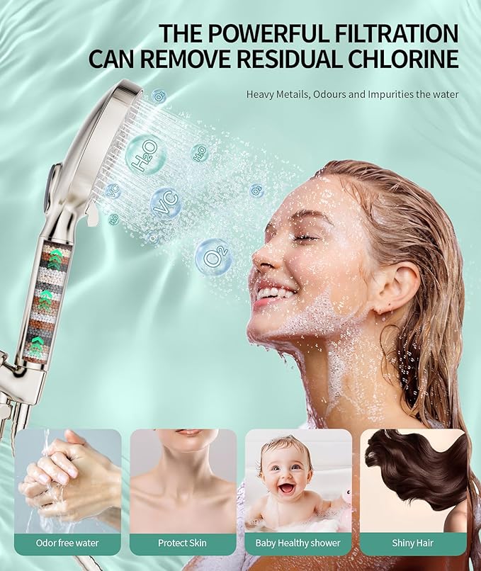 Filtered Shower Head with Handheld, High Pressure 9 Spray Mode Brushed Nickel Showerhead with Filters, detachable shower head,Water Softener Filters Beads for Hard Water - Remove Chlorine-PawvioPets