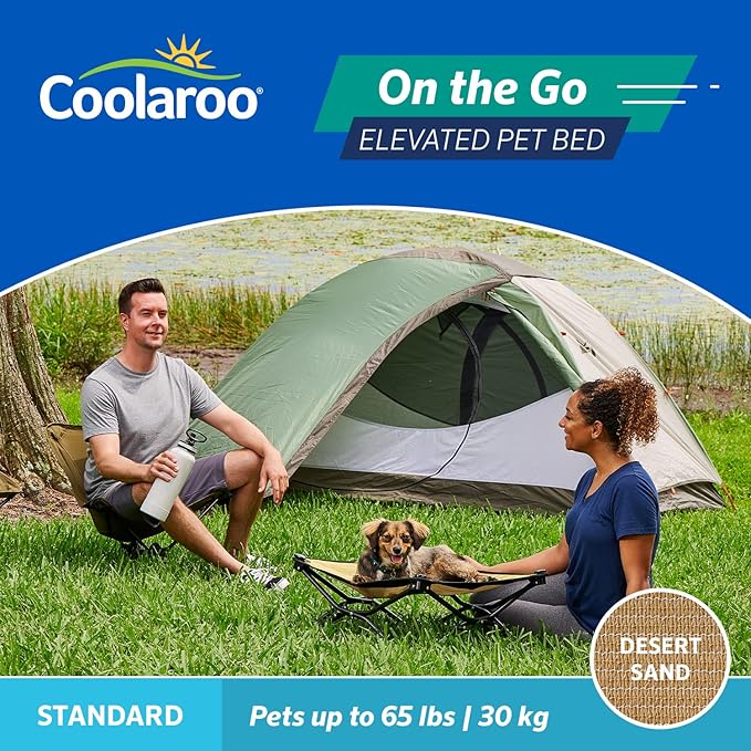 Coolaroo On-The-Go Elevated Dog Bed - Foldable Pop-Up Travel Dog Bed with Breathable, Moisture-Resistant Fabric, Carry Bag Included, Lightweight & Portable, Desert Sand, Standard-PawvioPets