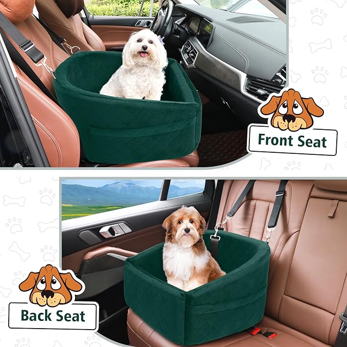 Dog Car Seat for Small Medium Dogs,Detachable Washable Dog Booster Seat Under 30lbs, Pet Car Seats Travel Bed with Storage Pockets and Safety Belt(Green)-PawvioPets