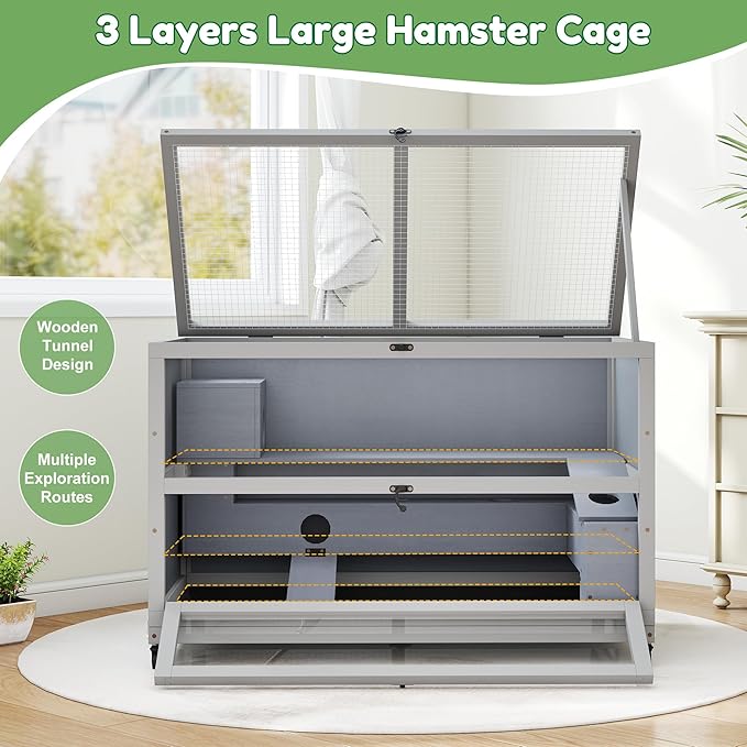 Coziwow Hamster Cage 35.4'' with Removable Ramps & Tray, Small Animals Hutch with Wheels & 2 Openable Doors, 3-Tier Wooden Cage for Dwarf Syrian Hamster, Mice, Rat, Rabbit-PawvioPets