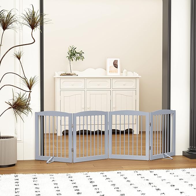 Freestanding Pet Gate - Foldable Wooden Dog Gate for House, Indoor, 80 Inch Wide, 4 Panels 24", Grey-PawvioPets
