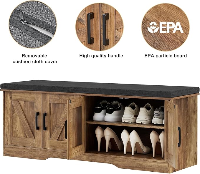 2-Tier Storage Bench, Shoe Bench with Padded Seat Cushion, Entryway Bench with 4 Barn Doors, Adjustable Shelf, 13.8" D x 47.2" W x 17.7" H, for Entryway, Living Room, Bedroom, Rustic Walnut-PawvioPets