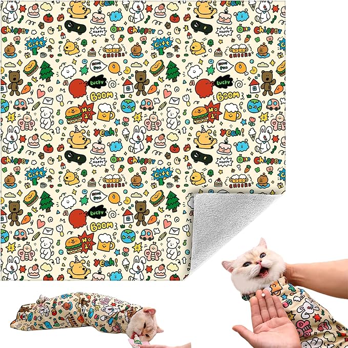 Cat Grooming Wrap, Self-Adherent Soft Cat Blanket to Wrap, Nail Clipping, Anti-Bite, Anti-Scratch, Anti-Escape Calming Wrap (Cute Prints, 6-10 lbs)-PawvioPets