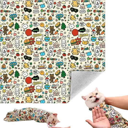Cat Grooming Wrap, Self-Adherent Soft Cat Blanket to Wrap, Nail Clipping, Anti-Bite, Anti-Scratch, Anti-Escape Calming Wrap (Cute Prints, 10-13 lbs)-PawvioPets