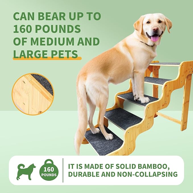 Dog Steps for Bed,24 Inches 5 Step Dog Stairs for Senior Pets to Get On 30 Inches High Beds/Car,Made of Bamboo Can Support Large Dogs Weighing Up to 160 LB-PawvioPets