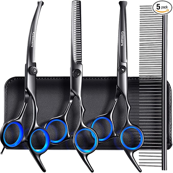 Gimars Dog Grooming Scissors Kit Professional 4CR with Safety Round Tip, 5 in 1 Heavy Duty Titanium Coated Thinning & Curved & Straight Shears-PawvioPets