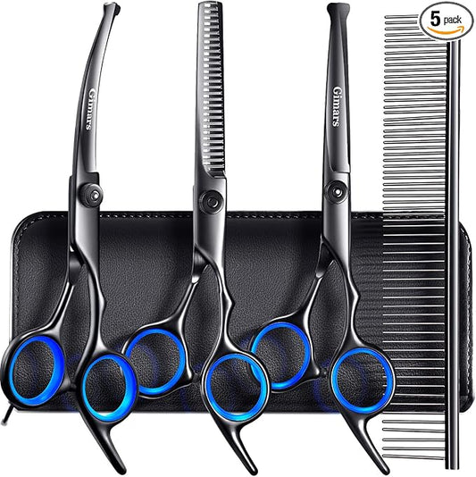 Gimars Dog Grooming Scissors Kit Professional 4CR with Safety Round Tip, 5 in 1 Heavy Duty Titanium Coated Thinning & Curved & Straight Shears-PawvioPets