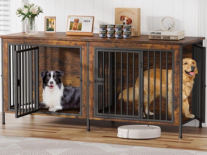 EasyCom 78 Inch Dog Crate Furniture for 2 Dogs, Extra Large Double Dog Cage Large Breed, XXL Thick Wooden Dog Crate TV Stand, Sturdy Dog Kennel with Divider-PawvioPets