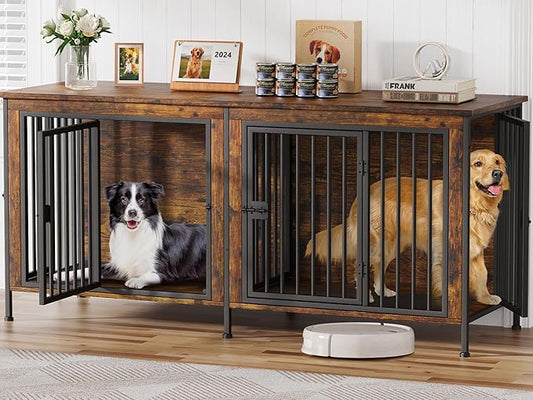 EasyCom 78 Inch Dog Crate Furniture for 2 Dogs, Extra Large Double Dog Cage Large Breed, XXL Thick Wooden Dog Crate TV Stand, Sturdy Dog Kennel with Divider-PawvioPets
