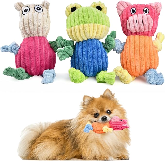 3pcs Dog Squeaky Toys, Plush Stuffed Puppy Chew Toy for Extended Play, Interactive Toys Great Gifts for Small Medium Large Chewer Dogs, Pet Toy Bulk to Keep Them Busy(Forg&Hippo&Pig)-PawvioPets