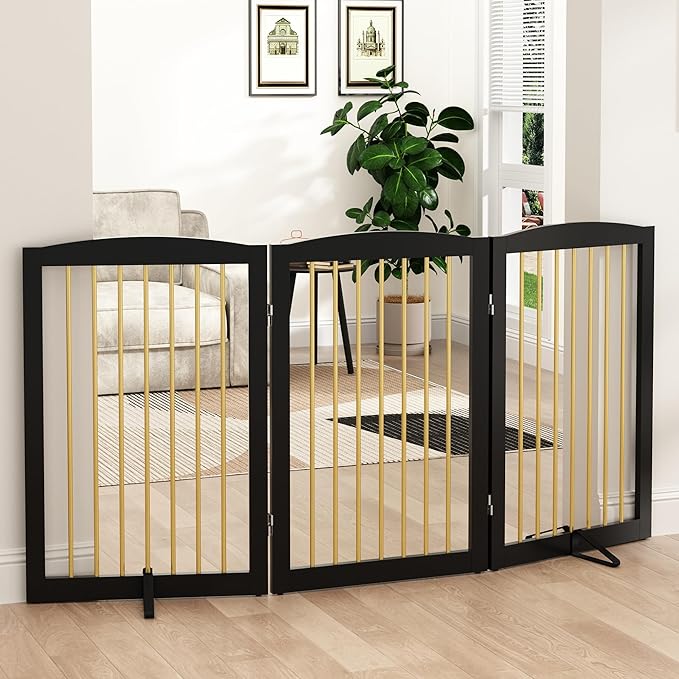 Freestanding Pet Gate for Dogs, Foldable Wooden Dog Gate for House Indoor, Step Over Pet Puppy Safety Fence for Stair, Doorway,Hall, Support Feet Included,3 Panels 32",Black&Gold-PawvioPets