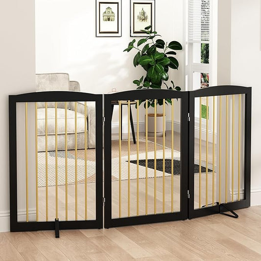 Freestanding Pet Gate for Dogs, Foldable Wooden Dog Gate for House Indoor, Step Over Pet Puppy Safety Fence for Stair, Doorway,Hall, Support Feet Included,3 Panels 32",Black&Gold-PawvioPets