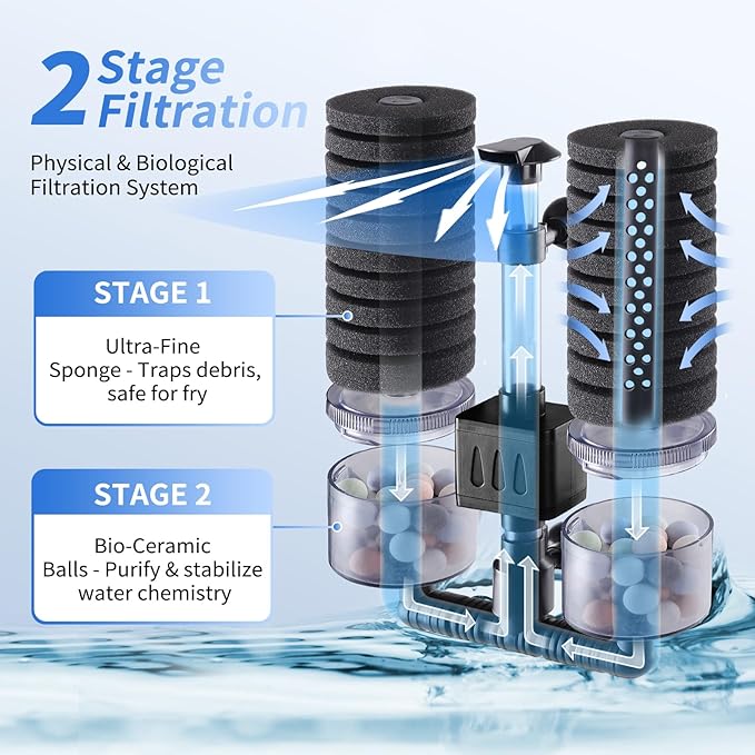 AQQA Electric Sponge Filter for Aquariums - Dual Bio & Mechanical Filtration, 8W 80 GPH Water Pump with Oxygenation & Water Circulation, Fits 15-55 Gallon Fish Tanks (110V/60Hz)-PawvioPets