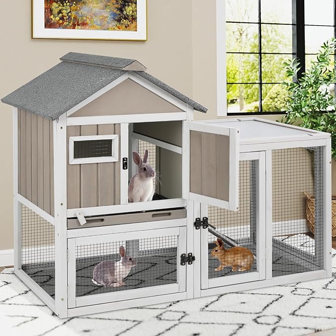 48" L Rabbit Hutch Outdoor Indoor Bunny Hutch Weatherproof, 2-Story Wood Rabbit Cage with Deep Tray, Chew-Resistant Ramp, UV Roof, Bunny House for Small Animal, Expandable Guinea Pig Cage-PawvioPets