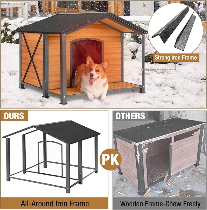 Extra Large Dog House Outdoor & Indoor, Insulated Liner Dog Kennel Weatherproof for Winter, 6 Sides All-Round Foam with Strong Metal Chew Proof Frame, for Small Medium Large Dogs-PawvioPets