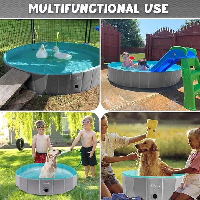 Furrybaby Foldable Dog Pool, Kiddie Pool Hard Plastic, Collapsible Pet Bath Portable Dog Swimming Pool for Pet, Dogs and Cats Grey 32''-PawvioPets