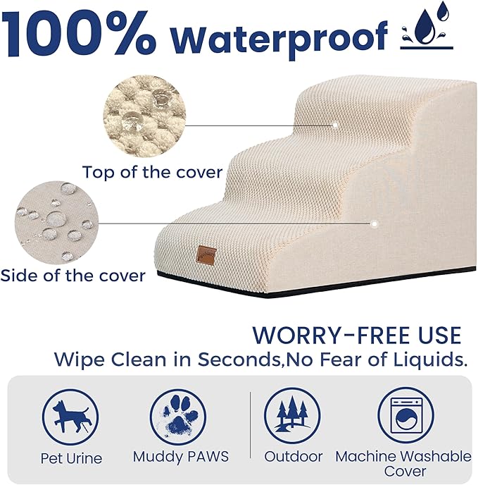 GoGoBunny Ramp Dog Stairs for Couch Sofa and Chair 15.7" H, 3-Step Pet Steps for Small Dogs and Cats, Non-Slip Waterproof Fabric Cover, Stable and Balanced Indoor Step, Pets Friendly, Beige-PawvioPets