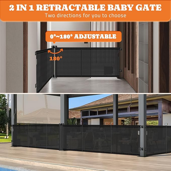 2-in-1 Retractable Baby Gates, 41" Tall Mesh Dog Gate with Cat Door 1-Pack, One Side Up to 71" Wide, Total 142" Wide, Long Retractable Pet Gate for Stairs Landing Indoor Outdoor-Black-PawvioPets