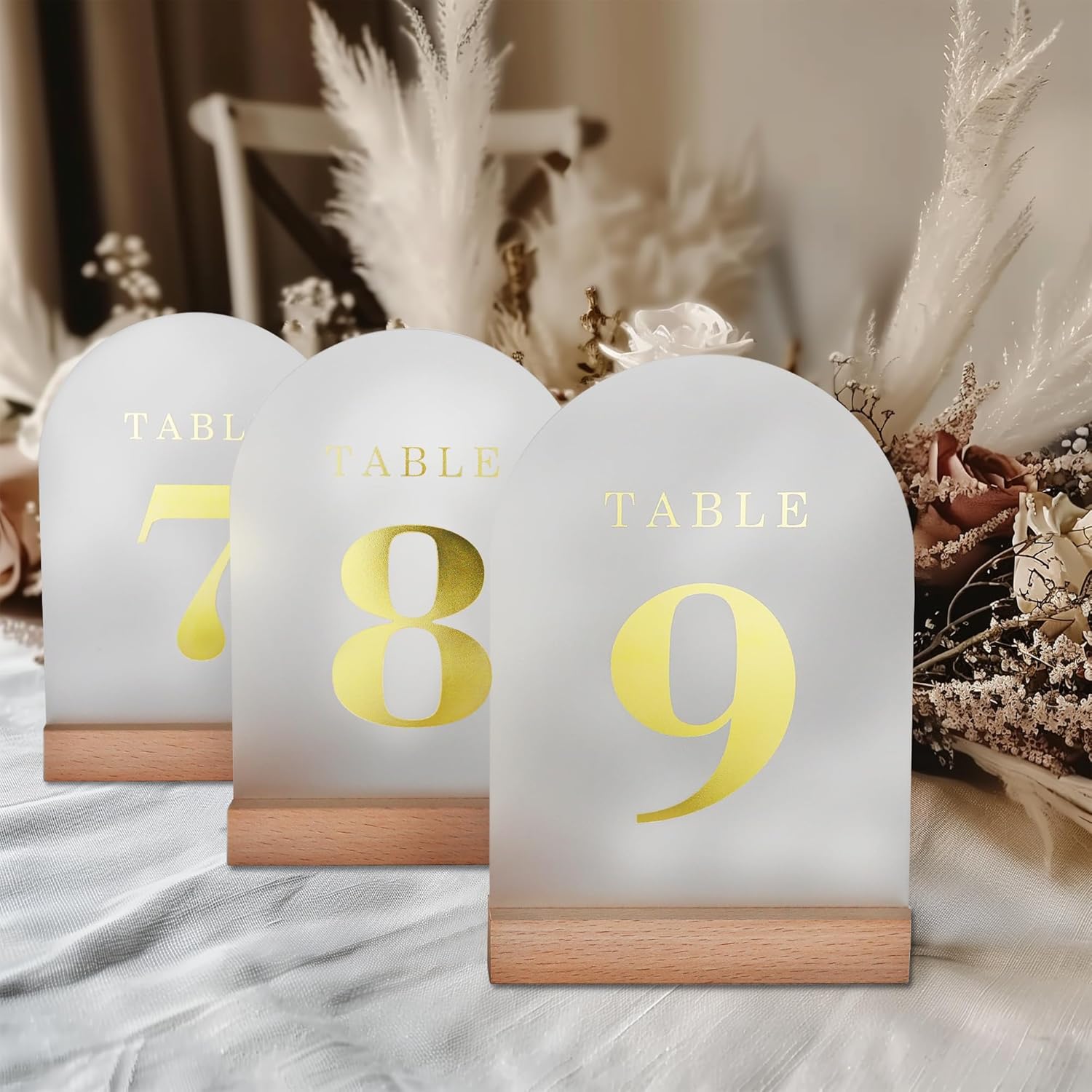 Wedding Table Numbers 1-25, Acrylic Arch Signs with Natural Wood Stands Holders, Rustic Table Decor for Reception & Parties (Frosted Gold)