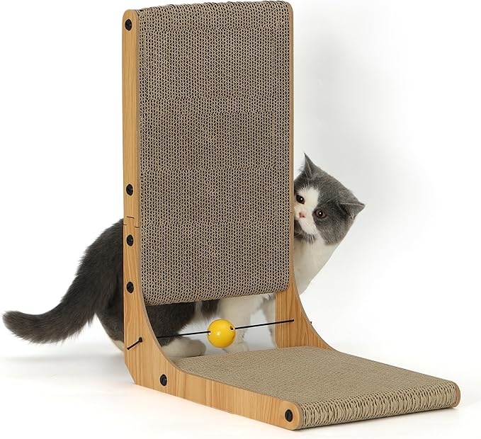 FUKUMARU Cat Scratcher, 18.9 Inch L Shape Cat Scratch Pad, Vertical Cat Scratcher Wall Mounted, Cat Scratching Cardboard with Ball Toy for Indoor Cats-PawvioPets