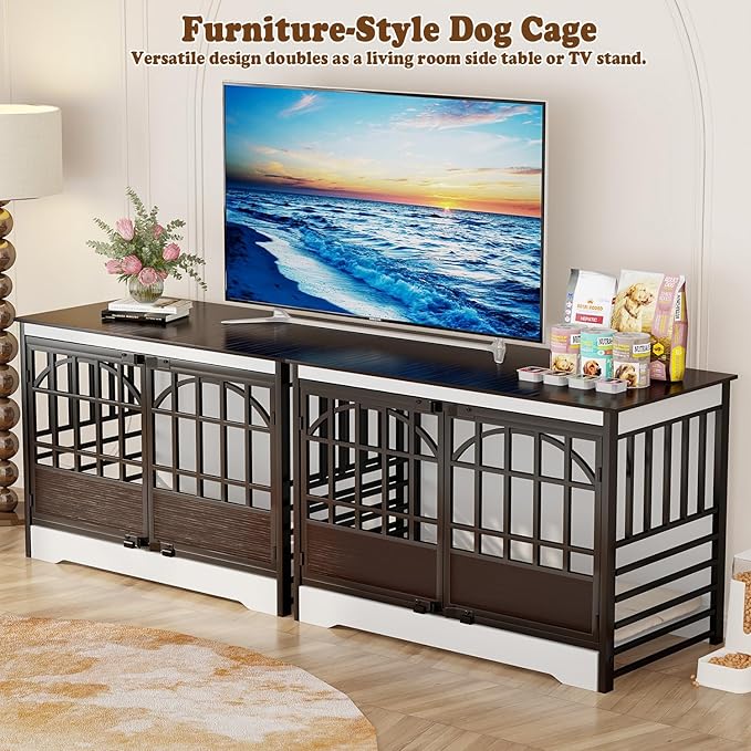 COZPAW 52 Inch Dog Crate Furniture, Extra Large Dog Kennel Indoor for XLarge Breed, Heavy Duty Dog Cage with Double Elegant Arched Doors, Decorate as TV Stand & End Table - White Brown-PawvioPets
