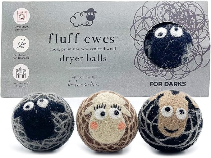 Fluff Ewes Wool Dryer Balls 3 Pack Premium New Zealand Wool Laundry Balls for Dryer, No Static Dryer Balls Laundry Reusable Cute - XL Wool Dryer Balls Cute, Baby Dryer Balls for Dryers - Darks-PawvioPets
