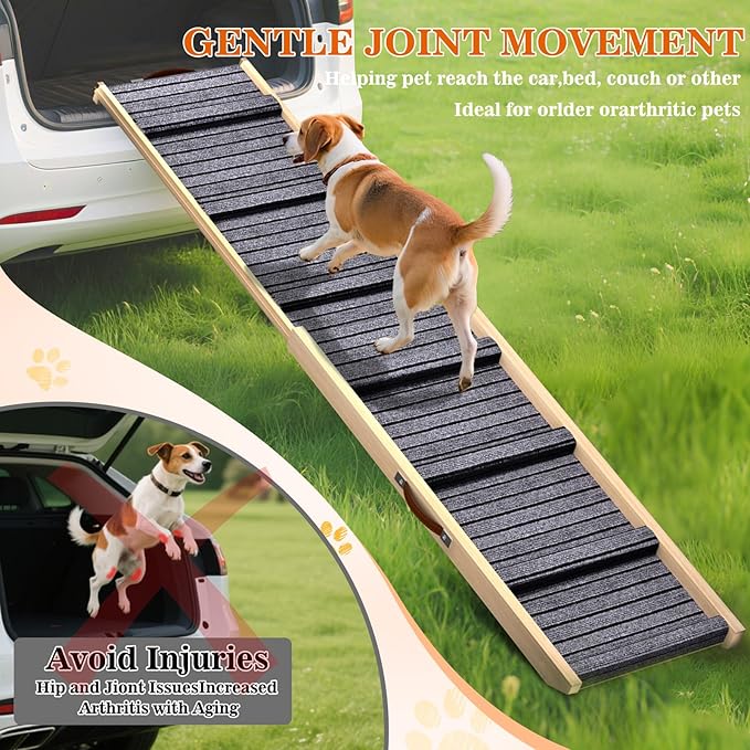 Dog Ramp for Car, 71''x 17'' Extra Long Deluxe Telescoping Design Wooden Pet Ramp, Pet Stair Ramps for Truck SUV with Non-Slip Surface, Portable Outdoor Dog Steps for Medium Large Dogs, Up to 250LBS-PawvioPets