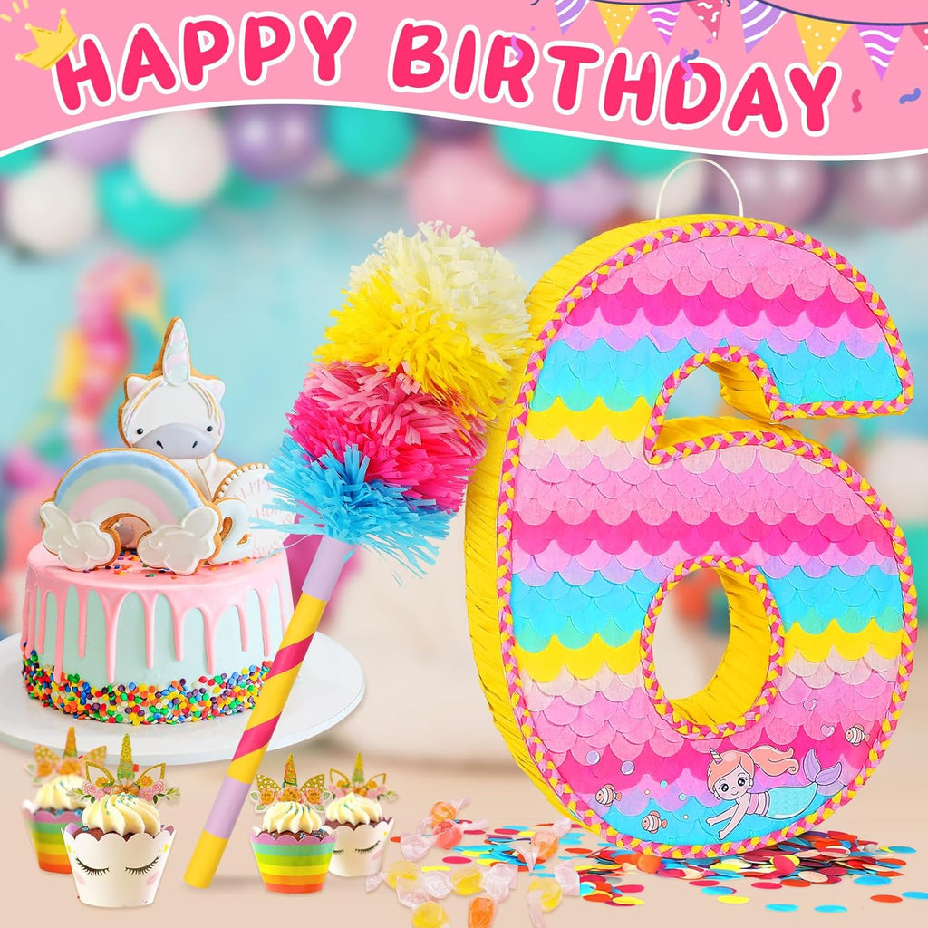 Number 6 Pinata for Birthday Party Decorations, Unicorn Mermaid Theme Pink Piñata Games Toy (6th)