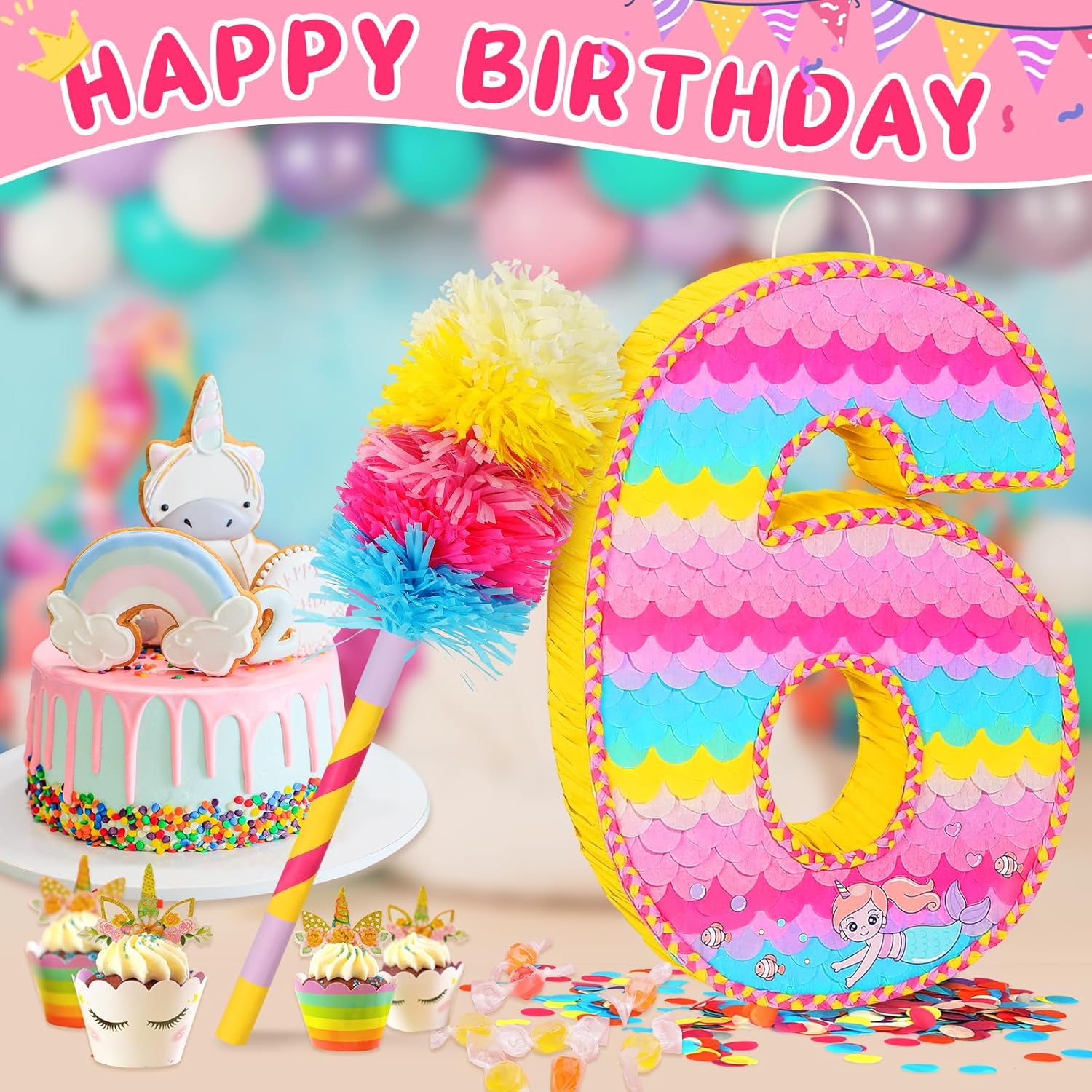 Number 6 Pinata for Birthday Party Decorations, Unicorn Mermaid Theme Pink Piñata Games Toy (6th)