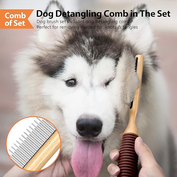 Dog Brush for Long Haired Dogs, 27mm Extra Long Metal Pin Dog Deshedding Brush and Comb Set, Short Haired Shedding Grooming Detail Pets Brush Set with Rubber Handle-PawvioPets
