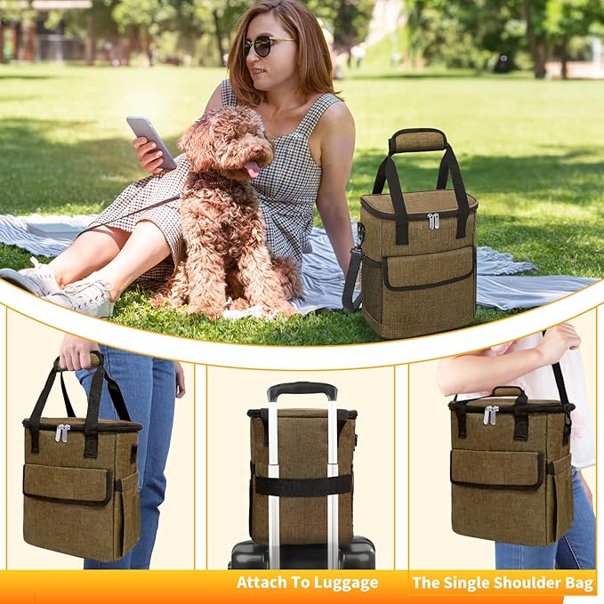 Dog Travel Bag for Camping - Pet Travel Accessories with 2 Collapsible Bowls, 2 Food Containers & Waterproof Feeding Mat - Portable Dog Carrier, Coffee (Small)-PawvioPets