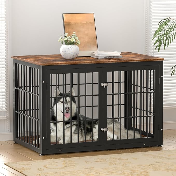 48 Inch Rustic Heavy Duty Dog Crate Furniture for Extra Large Dogs, Decorative Pet House End Table, Wooden Cage Kennel Furniture Indoor, Black and Brown-PawvioPets