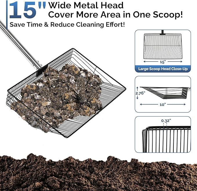 15" Extra-Wide Chicken Poop Scooper – Ergonomic Adjustable Handle (24-70in), Stainless Steel Sifting Shovel Deep Litter Cleaning for Chicken Coops, Goat - Chicken Coop Scoop for Sand, Straw, Hemp-PawvioPets