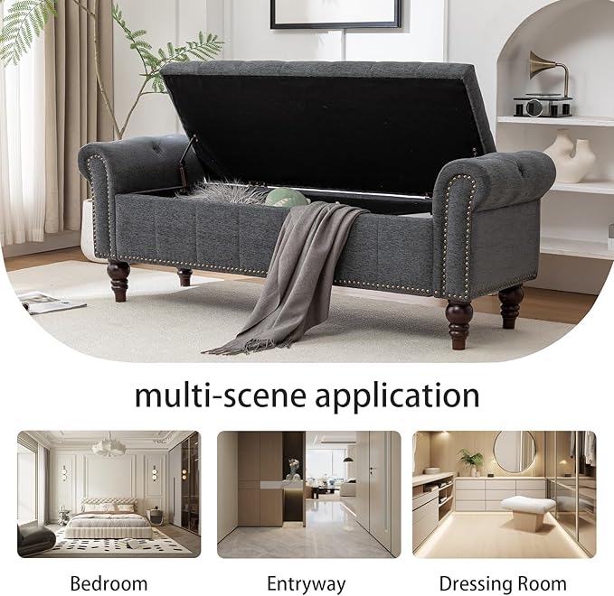 58’’ Storage Bench for Bedroom, Upholstered Button-Tufted Ottoman with Solid Wood Legs, Large End of Bed Shoe Cabinet, Window Seat Foot Rest Stool for Entryway, Closet, and Living Room (Dimgray)-PawvioPets