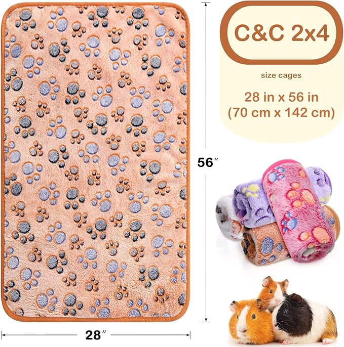 4 Pcs Waterproof Guinea Pig Blankets Washable Small Animal Fleece Bedding Absorbent Guinea Pig Cage Liners Reusable Pet Pee Pad Sleep Mat Pad Cover for Hamster Ferret (Paw Print, 28 x 56 Inch)-PawvioPets