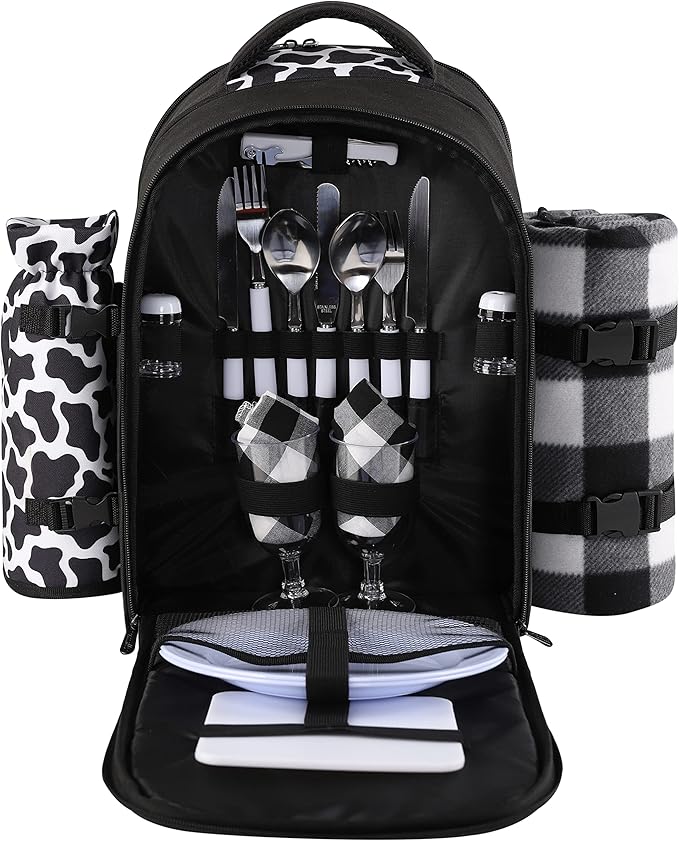 apollo walker Picnic Backpack Bag for 2 Person with Cooler Compartment, Detachable Bottle/Wine Holder, Fleece Blanket, Plates and Cutlery Set (2 Person, Black)-PawvioPets