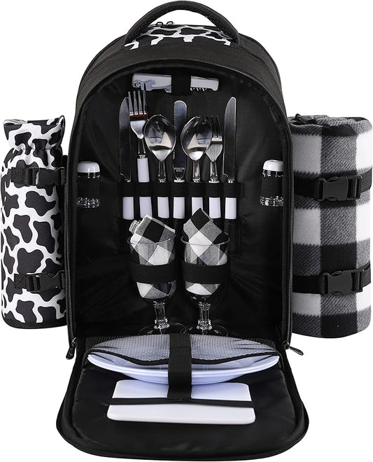 apollo walker Picnic Backpack Bag for 2 Person with Cooler Compartment, Detachable Bottle/Wine Holder, Fleece Blanket, Plates and Cutlery Set (2 Person, Black)-PawvioPets