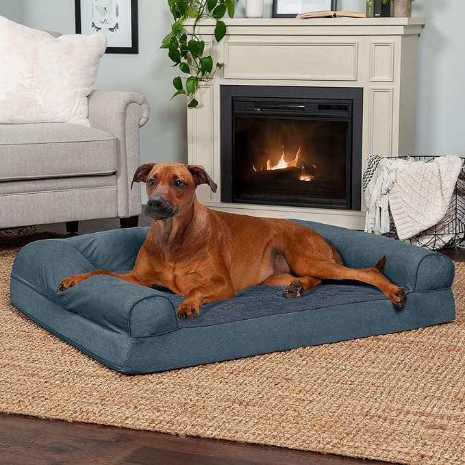 Furhaven Orthopedic Dog Bed for Large Dogs w/ Removable Bolsters & Washable Cover, For Dogs Up to 95 lbs - Sherpa & Chenille Sofa - Orion Blue, Jumbo/XL-PawvioPets